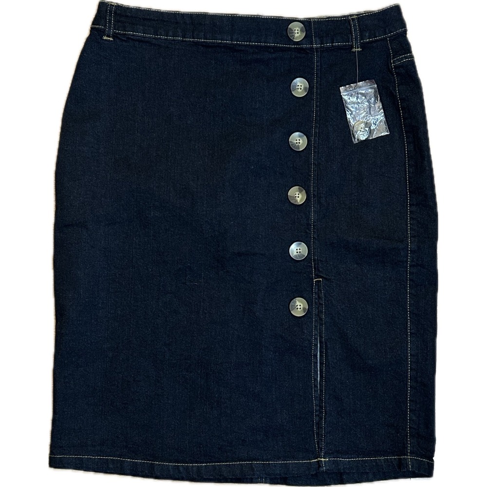 Liquid X Womens Dark Wash Denim Pencil Skirt Button Front Slit XL Dark Blue Midi